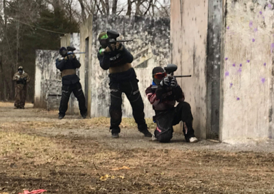 Paintball players in action at Cousins Paintball in Virginia.